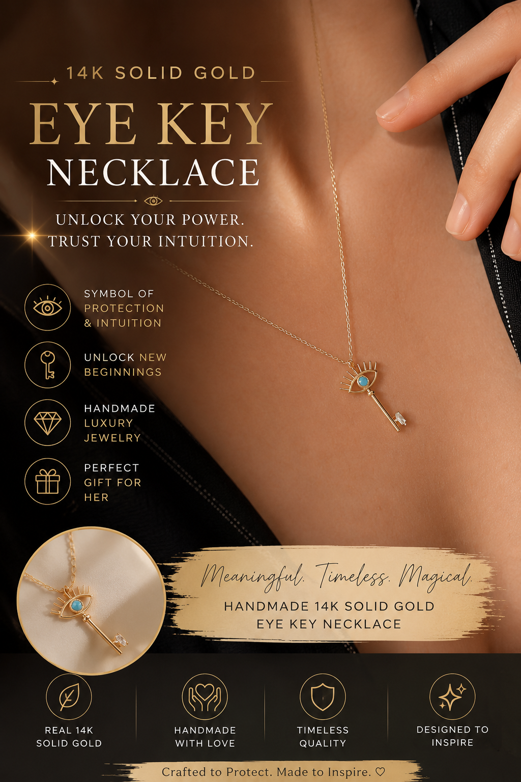 14K Solid Gold Eye Key Necklace – Handmade Symbolic Gold Pendant for Women