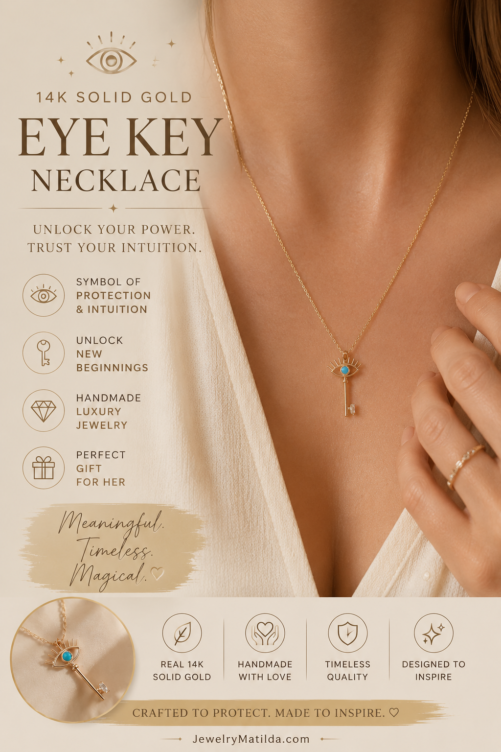 14K Solid Gold Eye Key Necklace – Handmade Symbolic Gold Pendant for Women