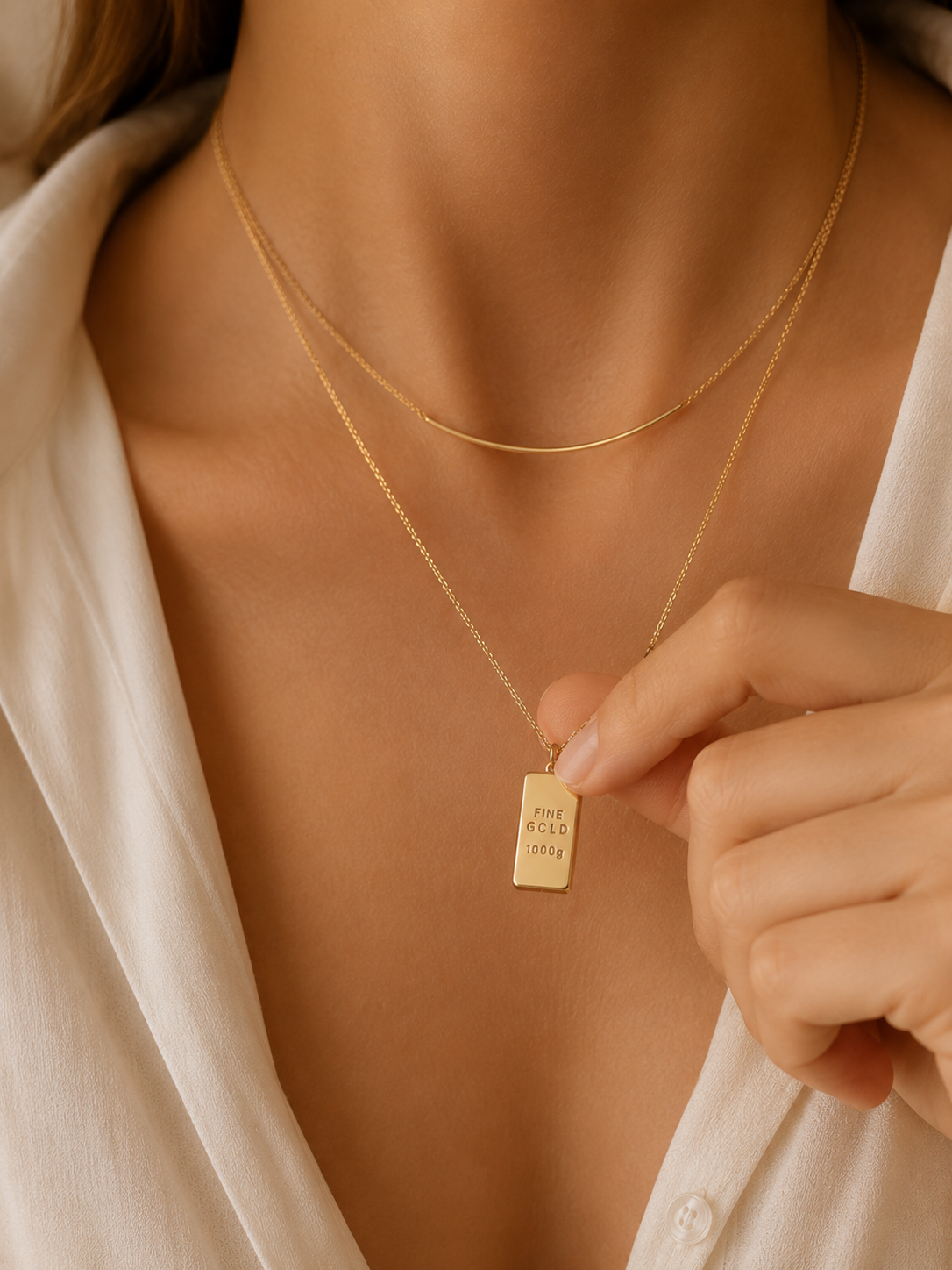 14K Solid Gold Bullion Motif Dangle Necklace