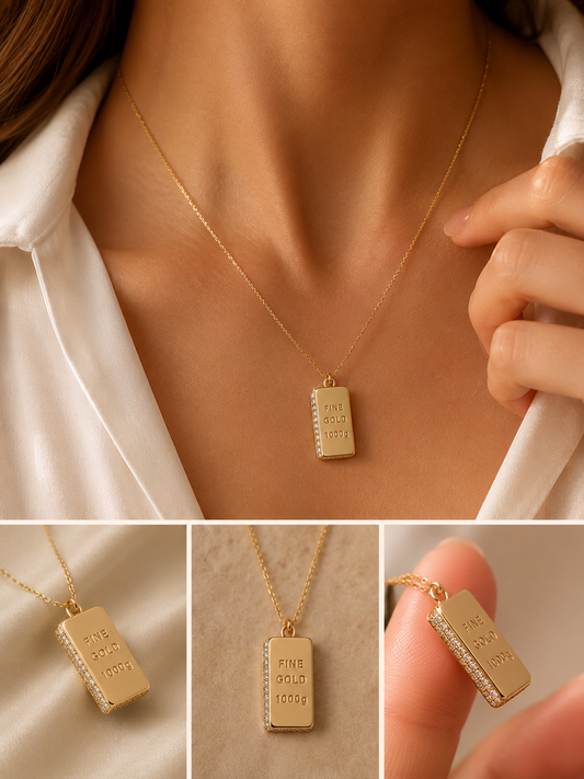 14K Solid Gold Bullion Bar Necklace with Diamond Side Detail