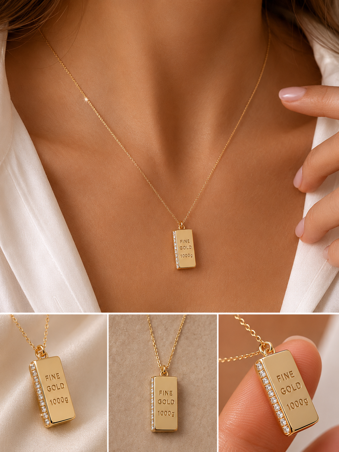 14K Solid Gold Bullion Bar Necklace with Diamond Side Detail