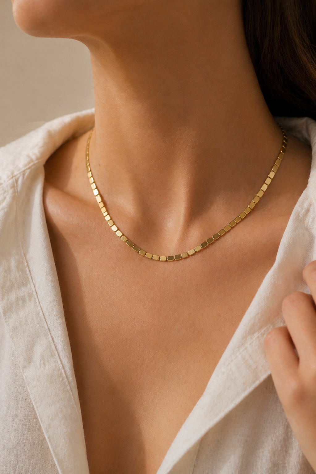 14K Real Gold Square Cube Chain Necklace