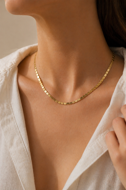 14K Real Gold Square Cube Chain Necklace
