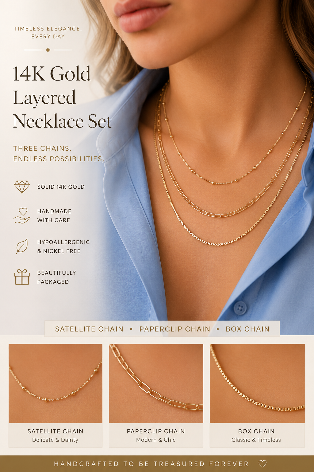 14K Gold Layered Necklace Set – Paperclip, Satellite &amp; Box Chain Trio