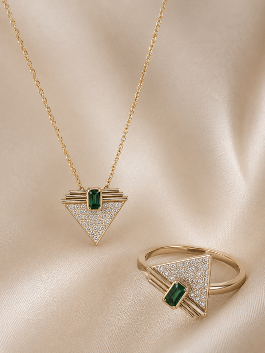 14K Gold Triangle Pendant Necklace with Green Baguette Stone | Art Deco Jewelry