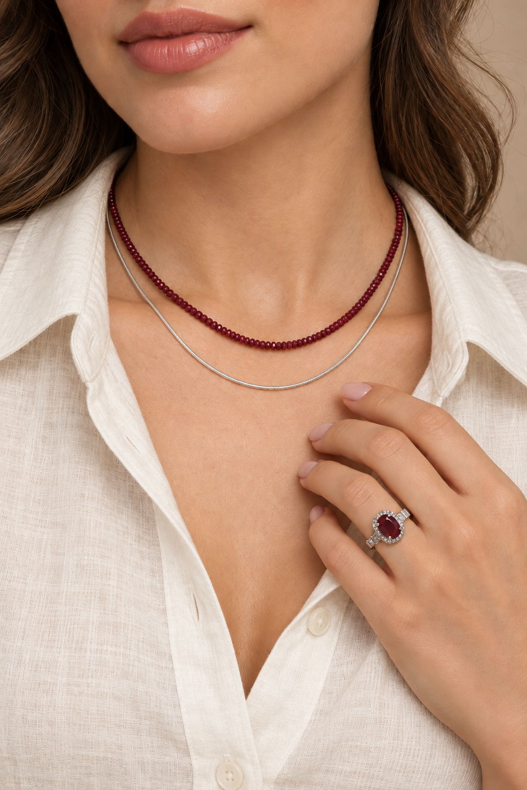 Natural Ruby Beaded Necklace, 46 cm – Faceted Gemstones & 925 Sterling Silver Clasp