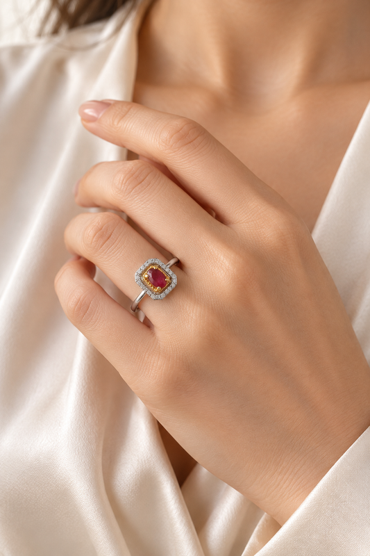 Natural Ruby Ring in 925 Sterling Silver – Adjustable Halo Ring