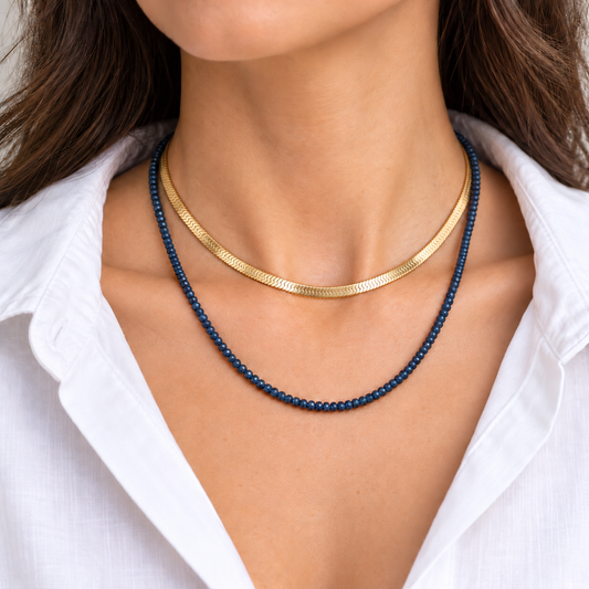Natural Sapphire Beaded Necklace, 45 cm + 3 cm Extender, 925 Sterling Silver Clasp