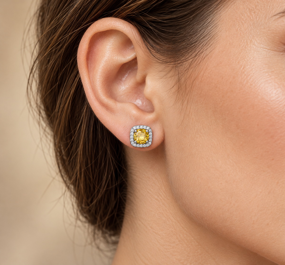 Yellow Zircon Halo Stud Earrings in 925 Sterling Silver