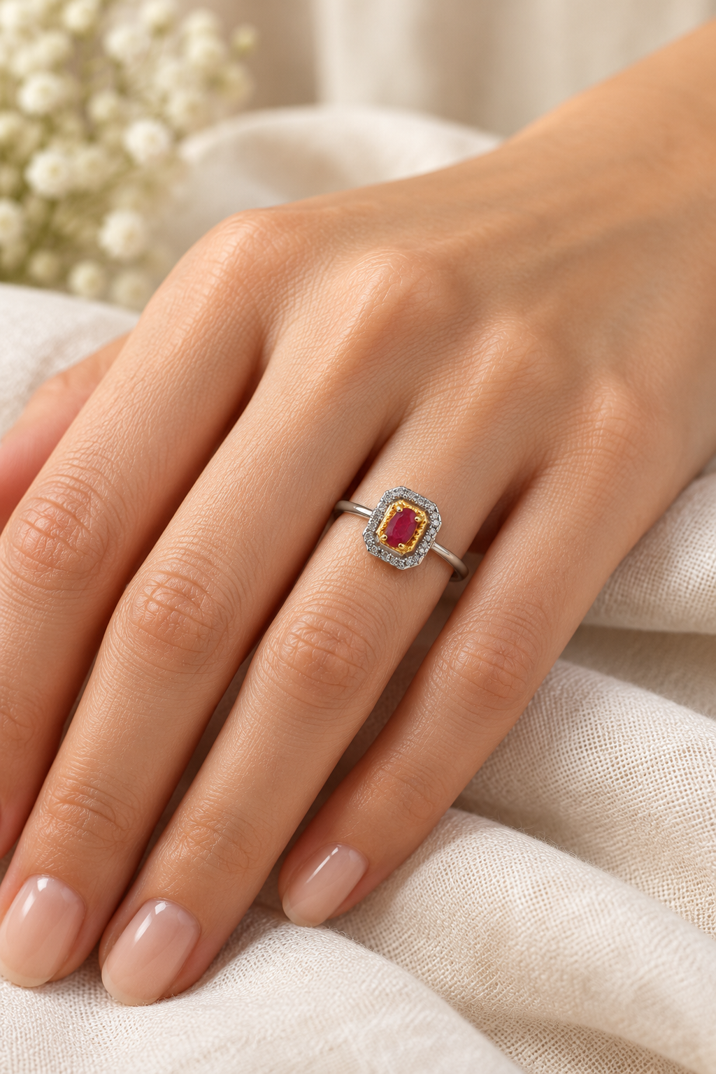 Natural Ruby Ring in 925 Sterling Silver – Adjustable Halo Ring
