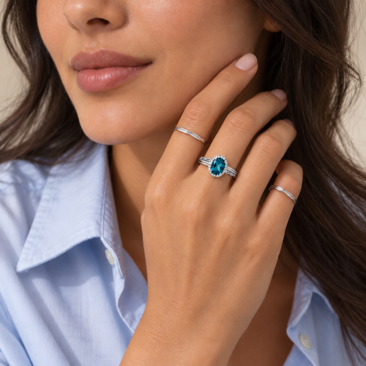 Natural Blue Apatite Ring in 925 Sterling Silver – Adjustable Oval Halo Ring