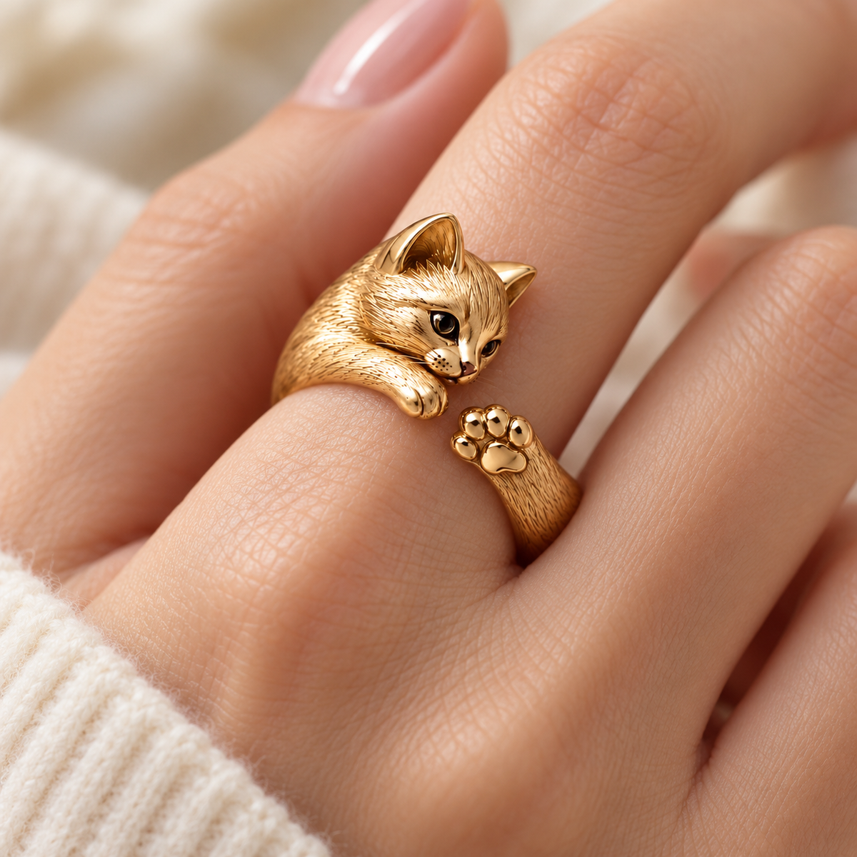 14K Gold Cat & Paw Wrap Ring – Yellow, Rose or White Gold