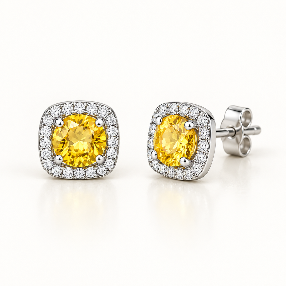 Yellow Zircon Halo Stud Earrings in 925 Sterling Silver