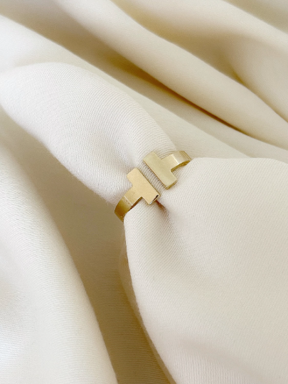 14k Double Bar Ring, Solid Gold Open Front T Ring