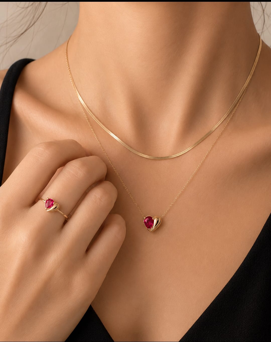 14K Solid Gold Ruby Red Stone Heart Necklace – Dainty Half Heart Pendant – Romantic Fine Jewelry Gift for Her