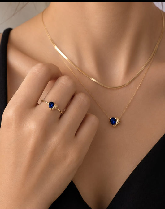14K Solid Gold Sapphire Blue Stone Heart Necklace – Dainty Half Heart Pendant