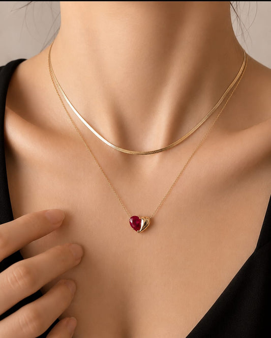 14K Solid Gold Ruby Red Stone Heart Necklace – Dainty Half Heart Pendant – Romantic Fine Jewelry Gift for Her
