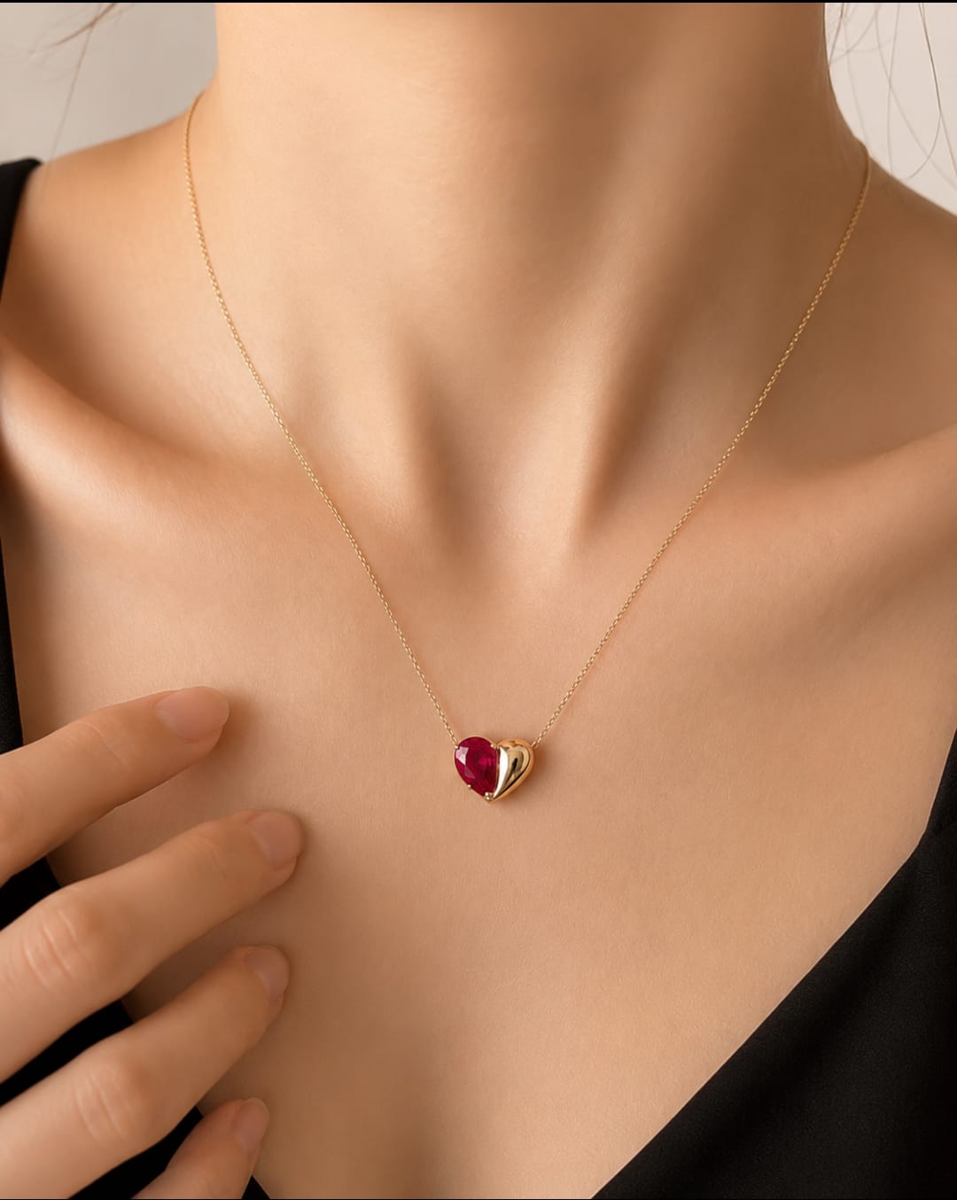 14K Solid Gold Ruby Red Stone Heart Necklace – Dainty Half Heart Pendant – Romantic Fine Jewelry Gift for Her
