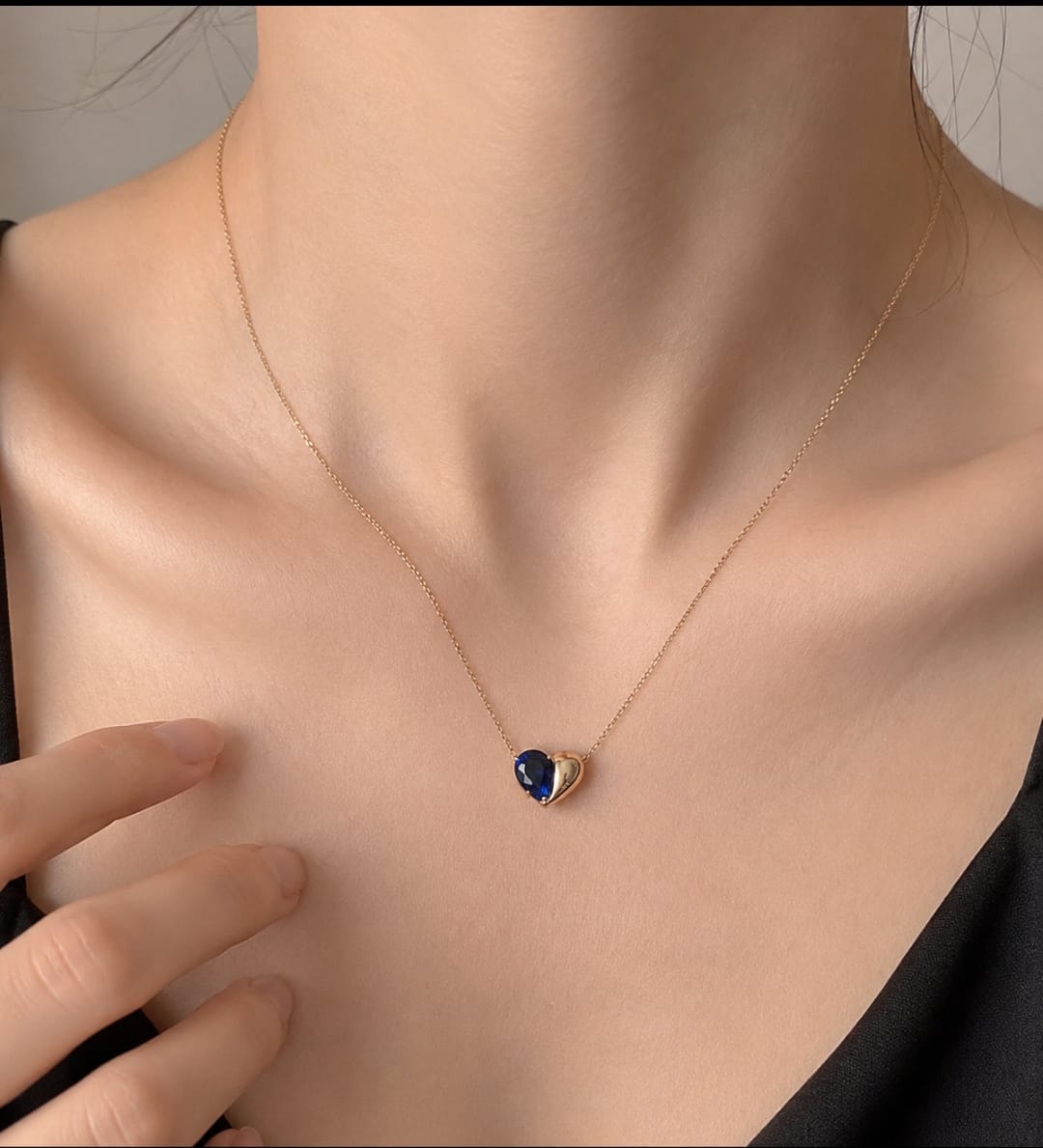 14K Solid Gold Sapphire Blue Stone Heart Necklace – Dainty Half Heart Pendant