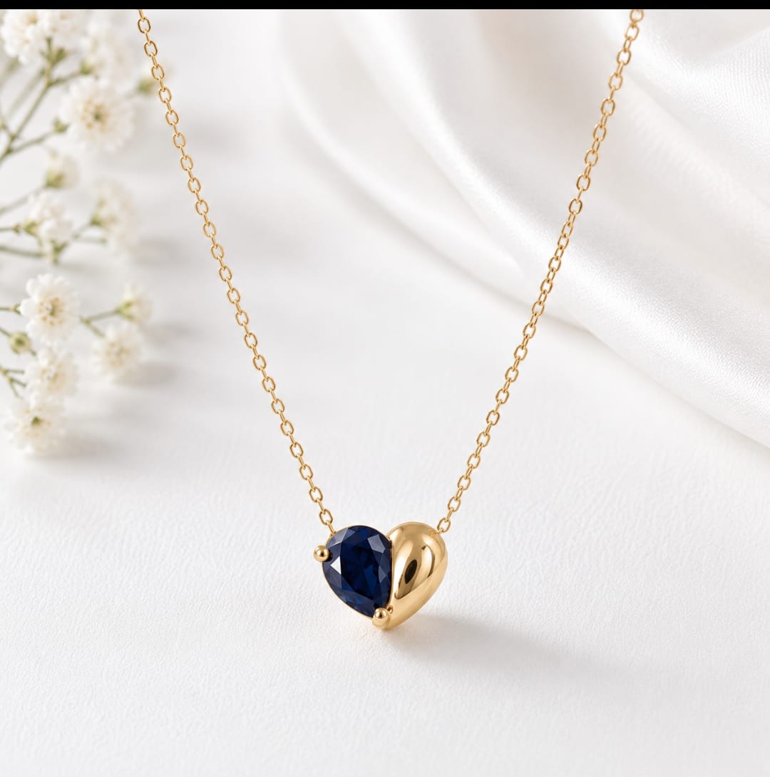 14K Solid Gold Sapphire Blue Stone Heart Necklace – Dainty Half Heart Pendant