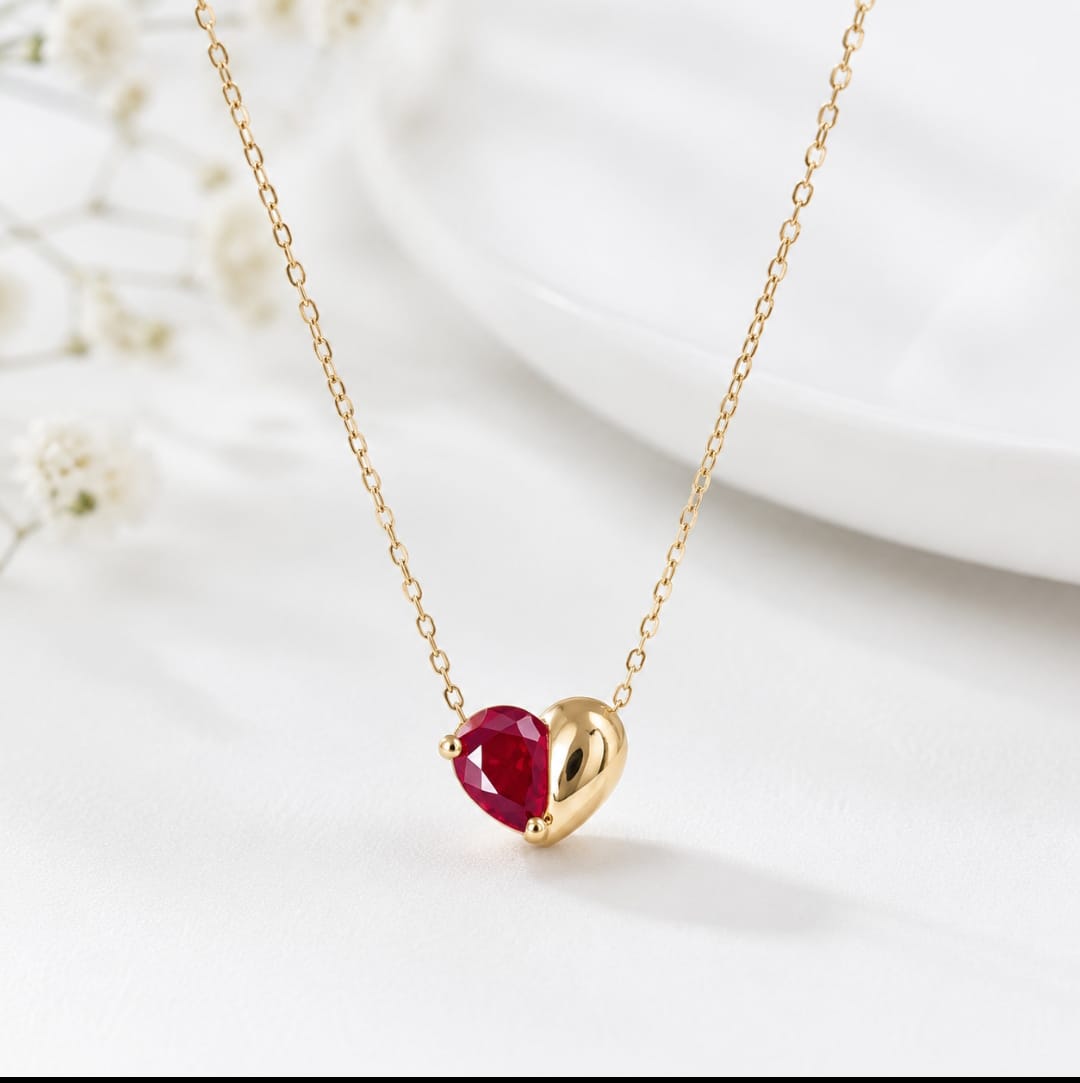 14K Solid Gold Ruby Red Stone Heart Necklace – Dainty Half Heart Pendant – Romantic Fine Jewelry Gift for Her