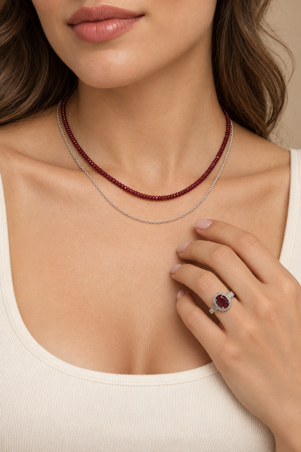 Natural Ruby Beaded Necklace, 46 cm – Faceted Gemstones & 925 Sterling Silver Clasp