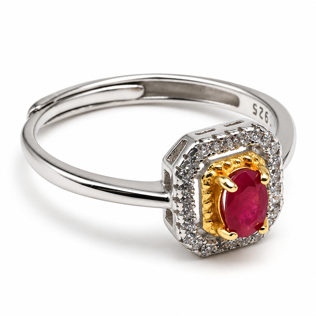 Natural Ruby Ring in 925 Sterling Silver – Adjustable Halo Ring