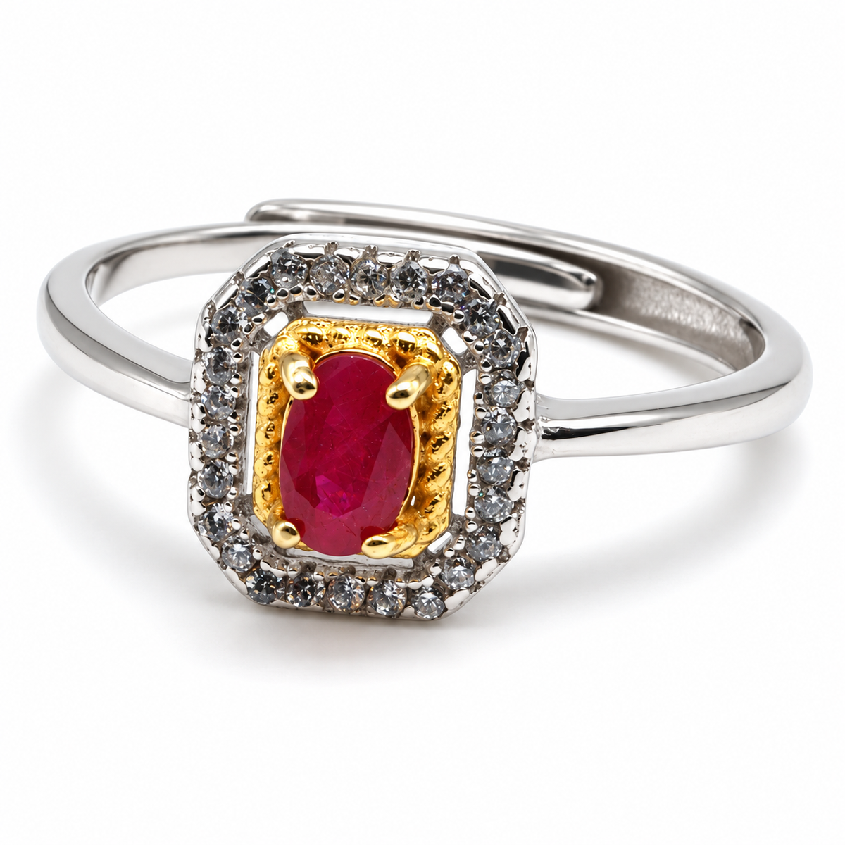 Natural Ruby Ring in 925 Sterling Silver – Adjustable Halo Ring