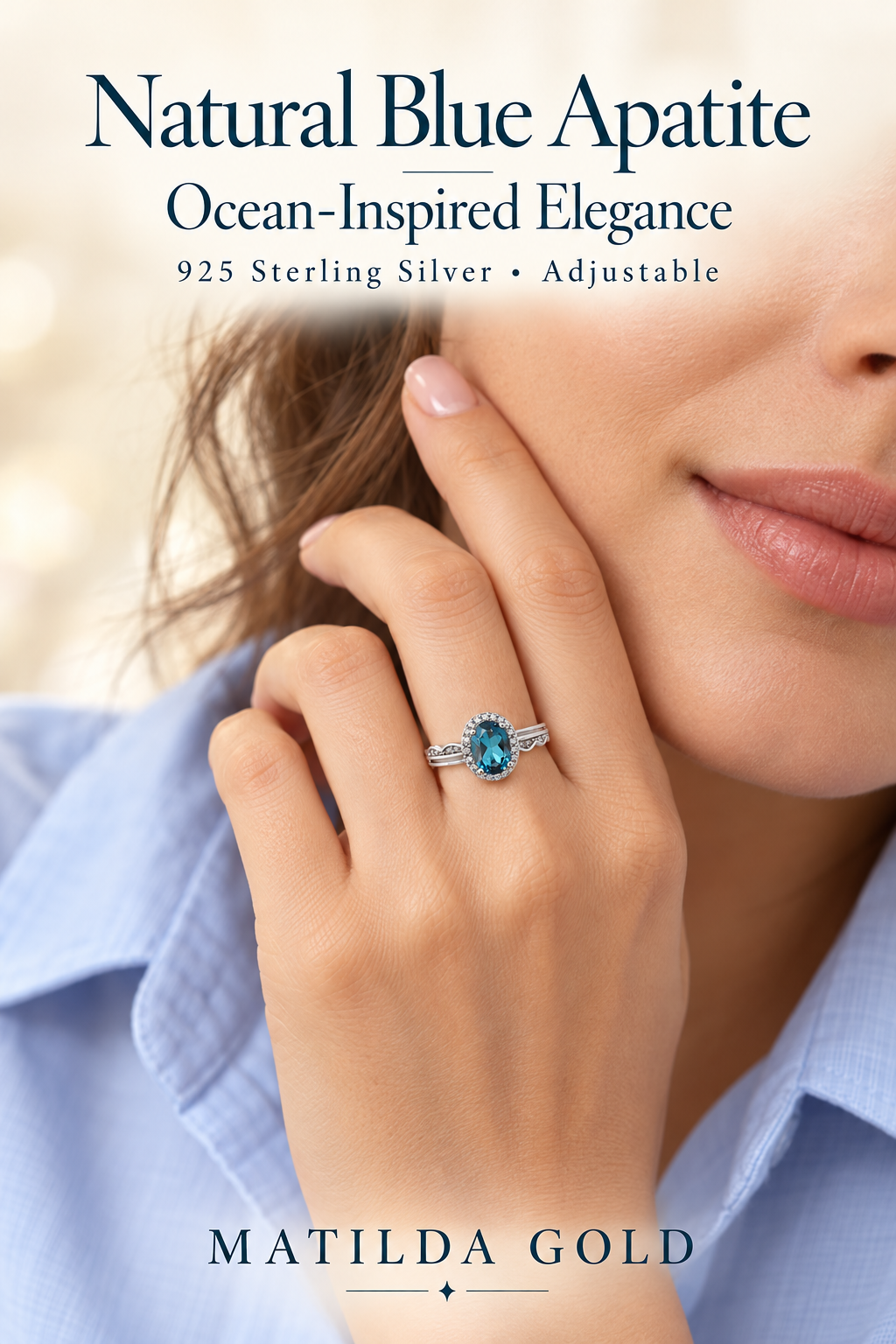Natural Blue Apatite Ring in 925 Sterling Silver – Adjustable Oval Halo Ring