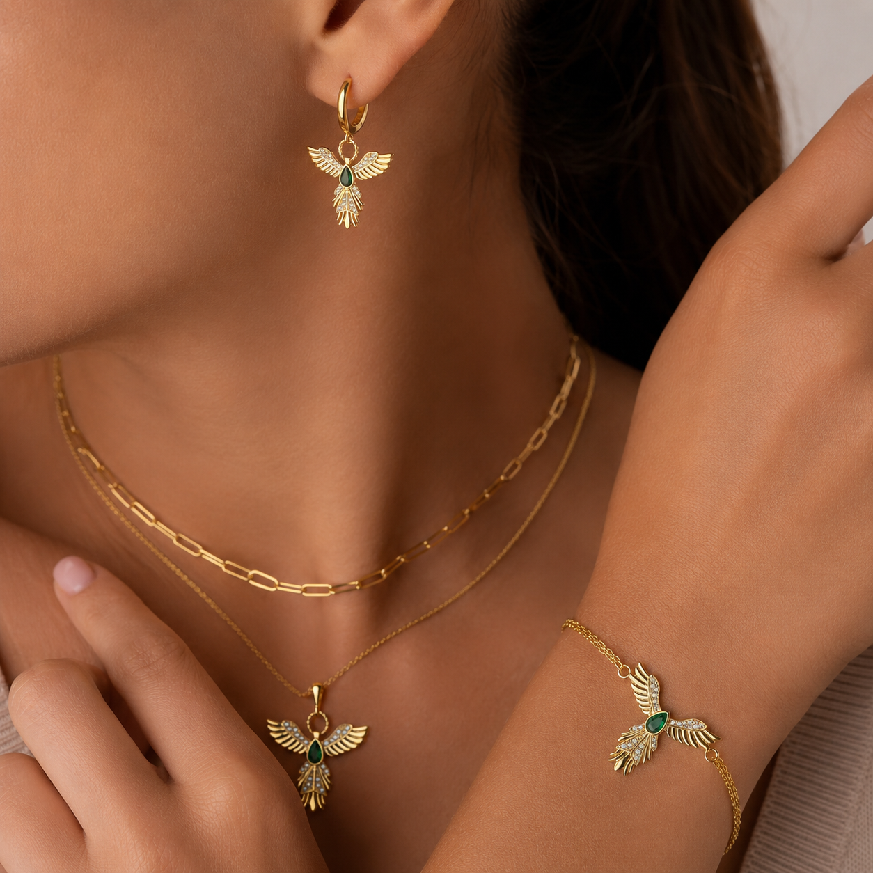 Gold Plated Sterling Silver Phoenix Hoop Earrings with Emerald Stone