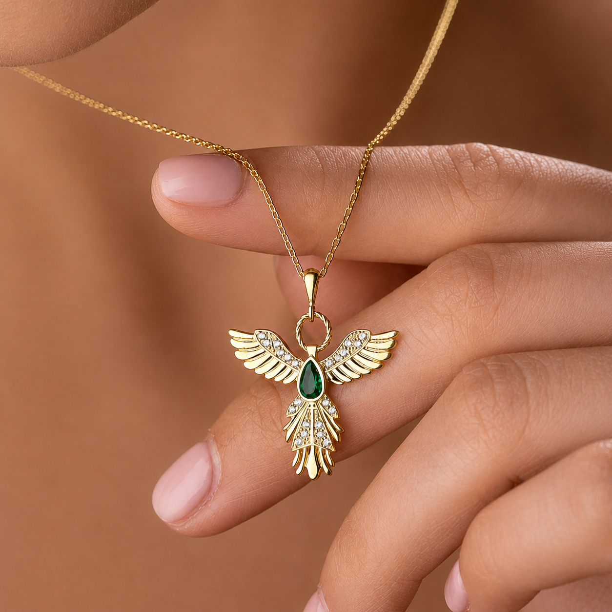 Gold Plated Sterling Silver Phoenix Necklace with Emerald Stone | 925 Silver