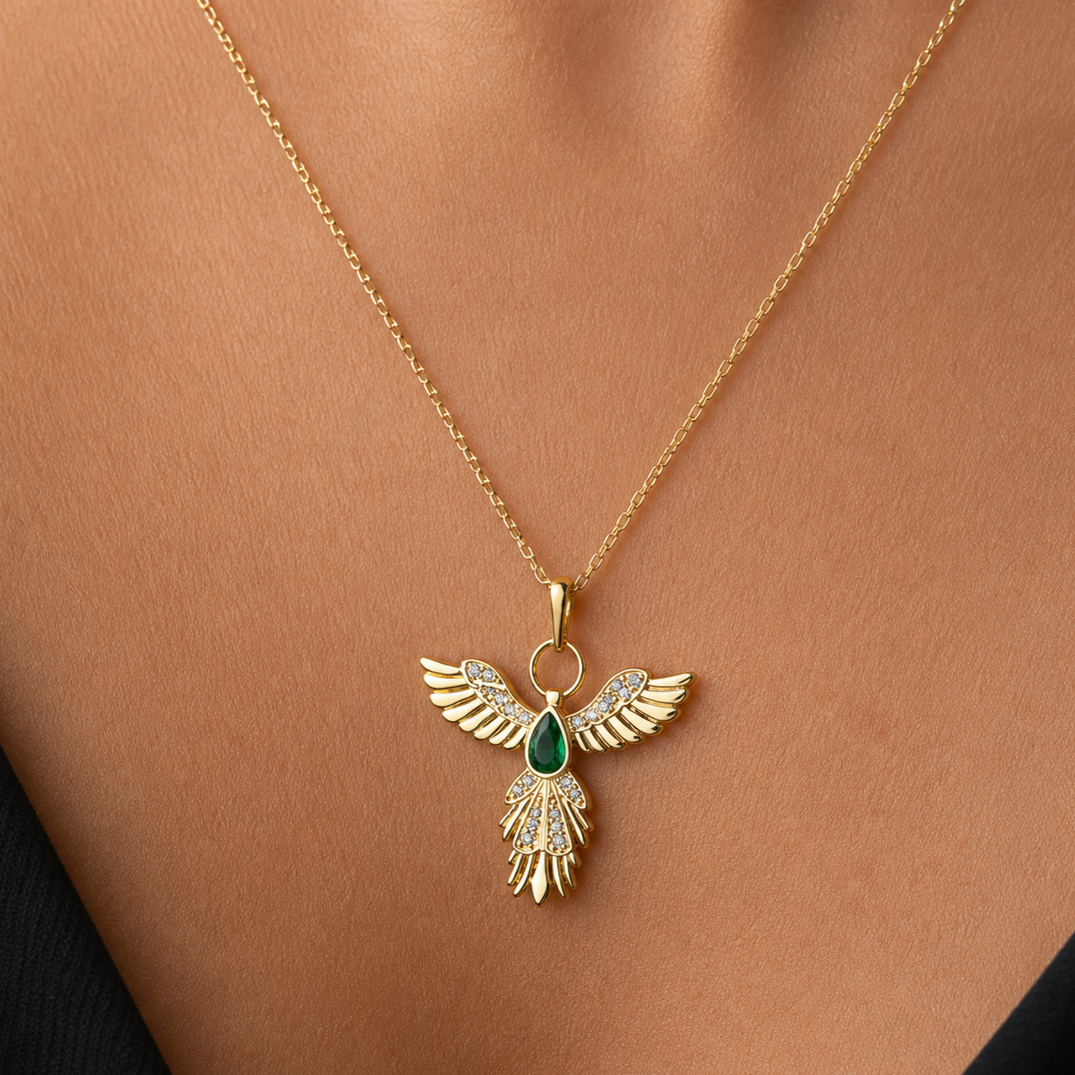 Gold Plated Sterling Silver Phoenix Necklace with Emerald Stone | 925 Silver