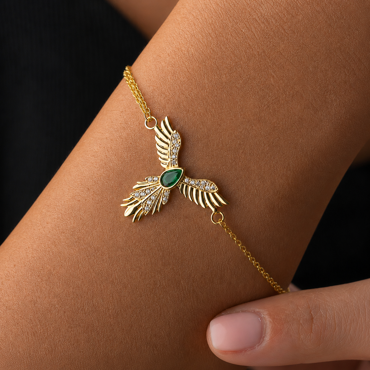 Gold Plated Sterling Silver Phoenix Bracelet with Emerald Stone