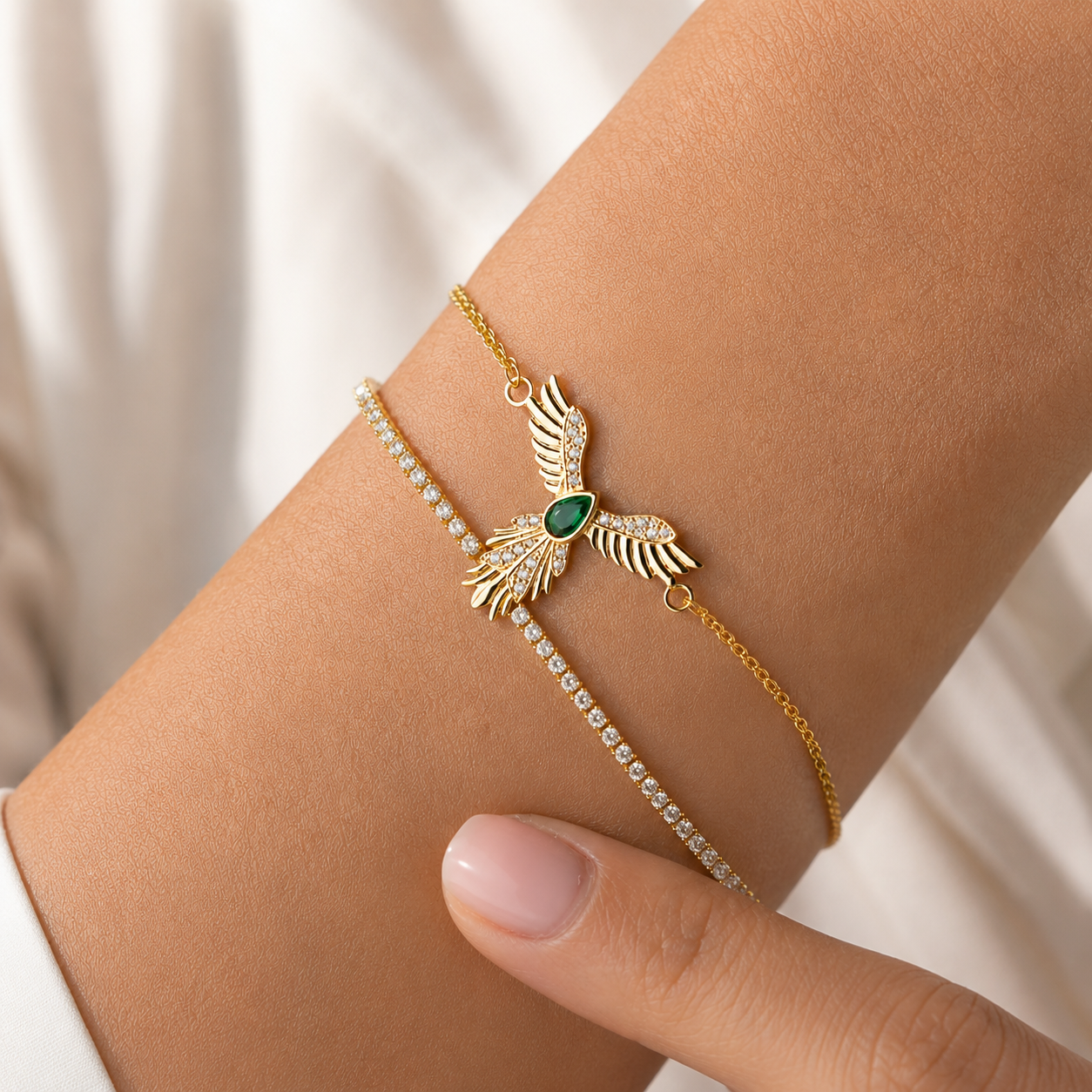 Gold Plated Sterling Silver Phoenix Bracelet with Emerald Stone