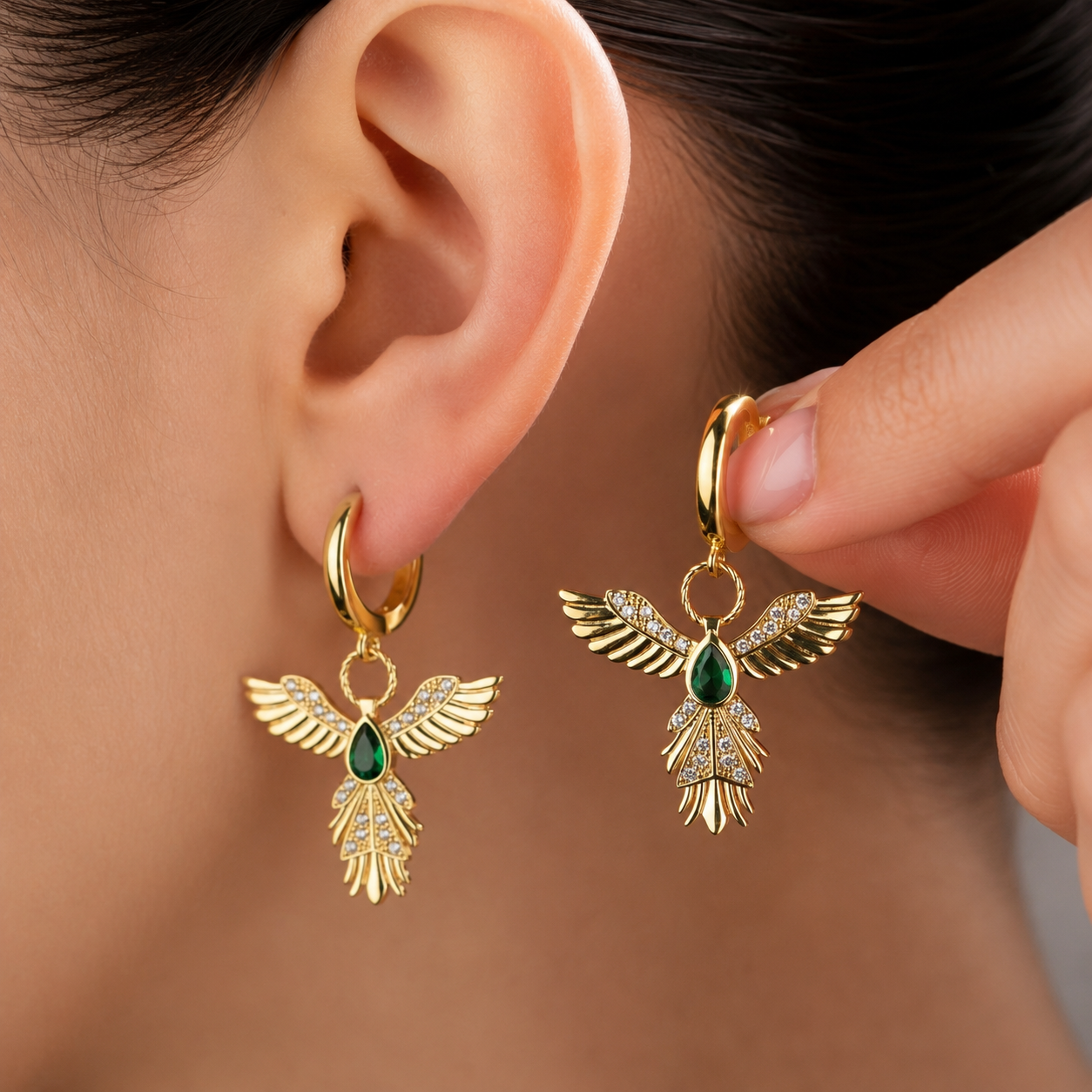 Gold Plated Sterling Silver Phoenix Hoop Earrings with Emerald Stone