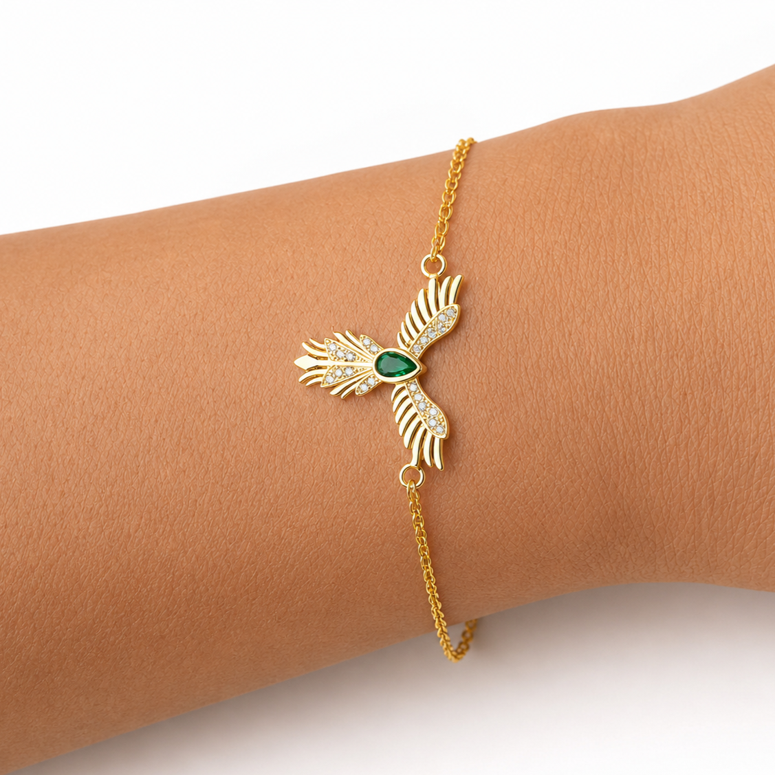 Gold Plated Sterling Silver Phoenix Bracelet with Emerald Stone