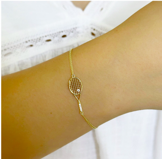 14K Solid Gold Tennis Racket Charm Bracelet