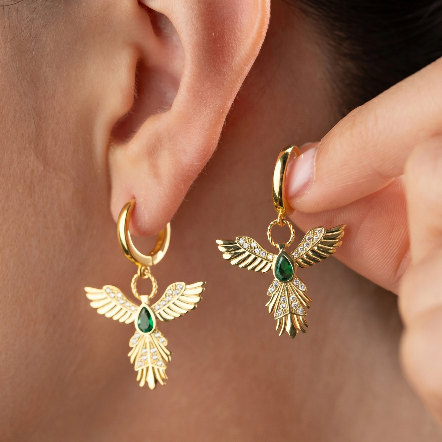 Gold Plated Sterling Silver Phoenix Hoop Earrings with Emerald Stone