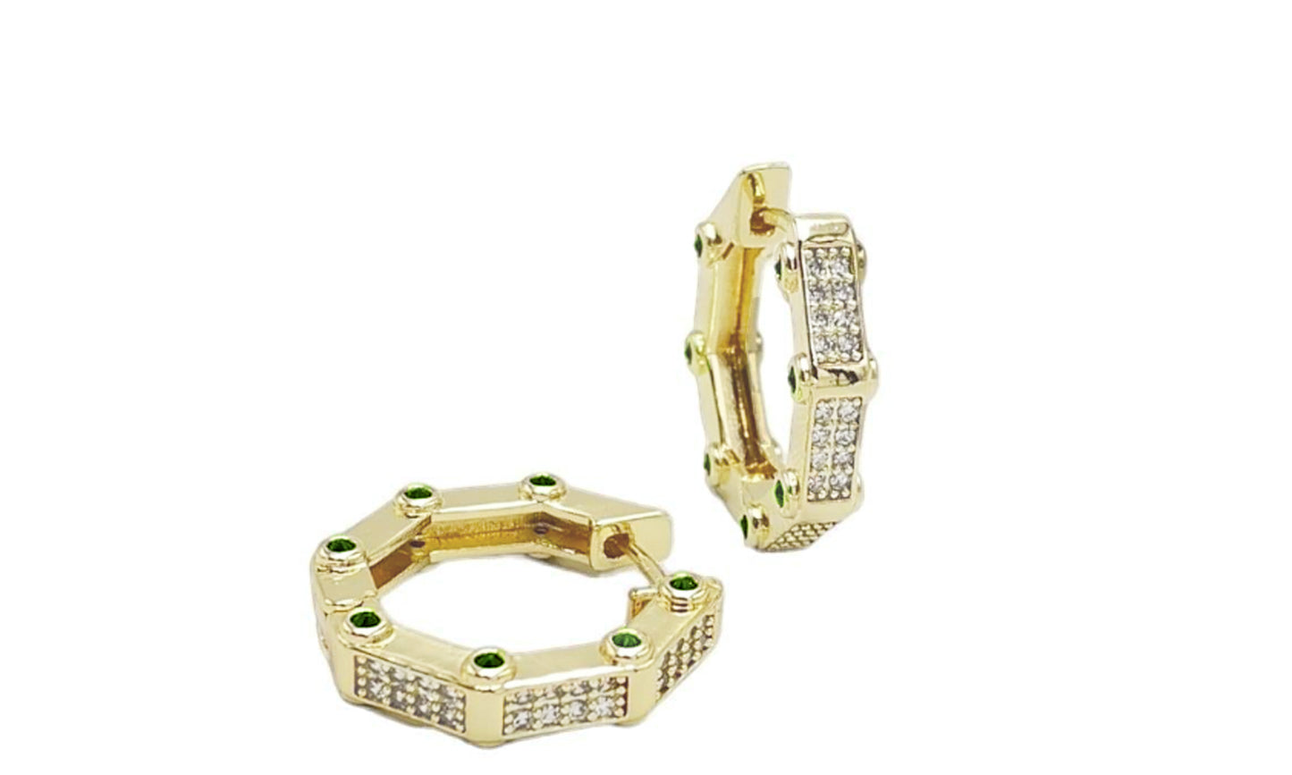 14K Solid Gold Emerald Stone Octagonal Earrings