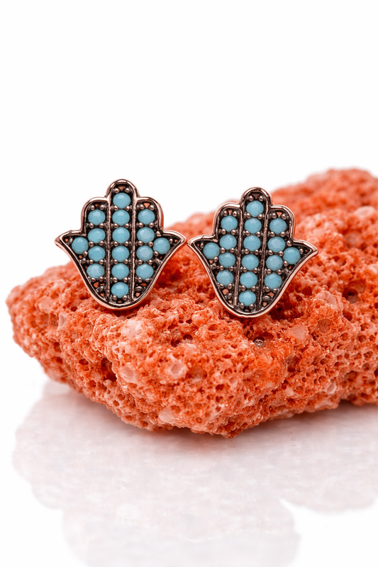 925 Sterling Silver Rose Gold Hamsa Hand Earrings, Turquoise Fatima Earrings