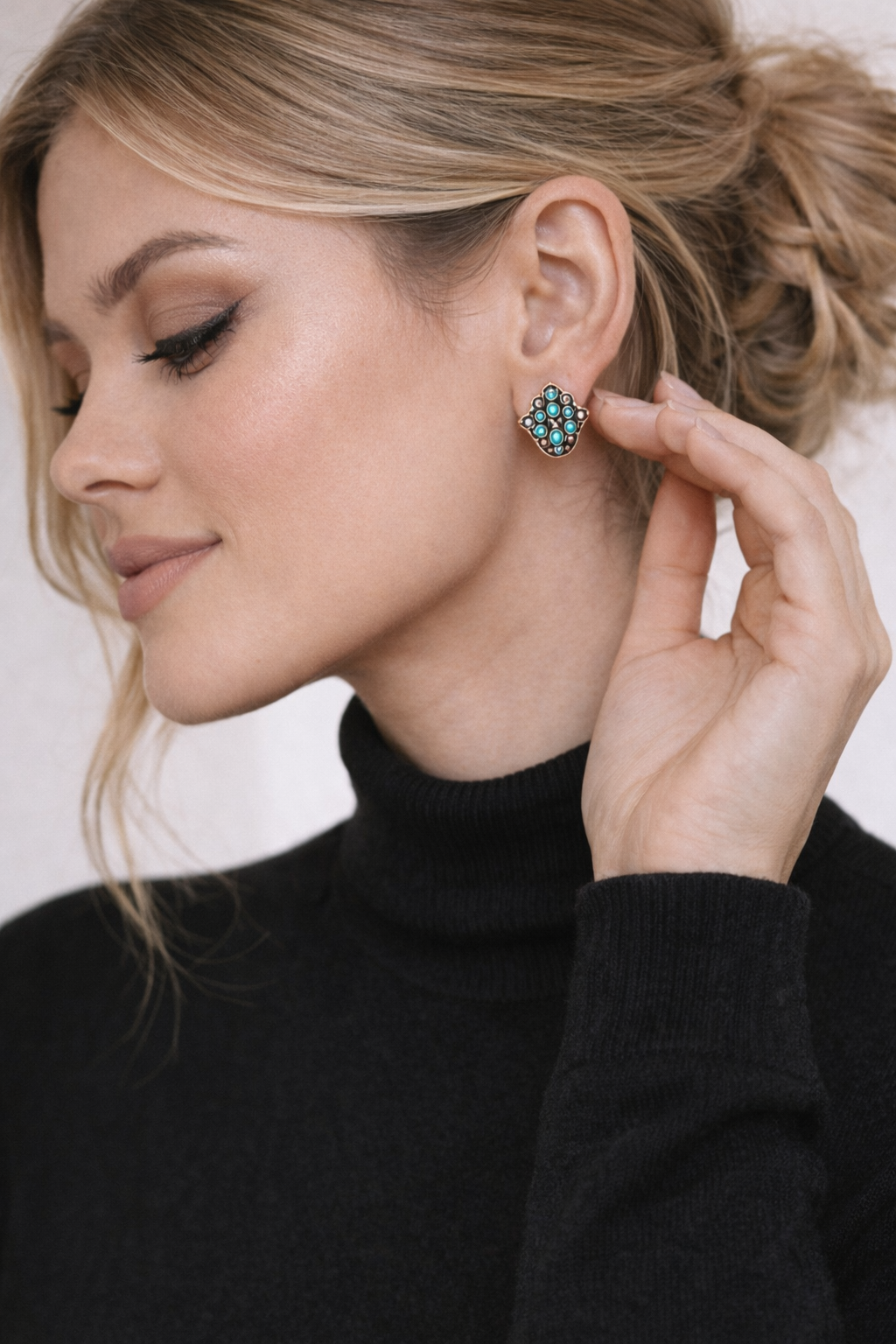 925 Sterling Silver Rose Gold Hamsa Hand Earrings, Turquoise Fatima Earrings