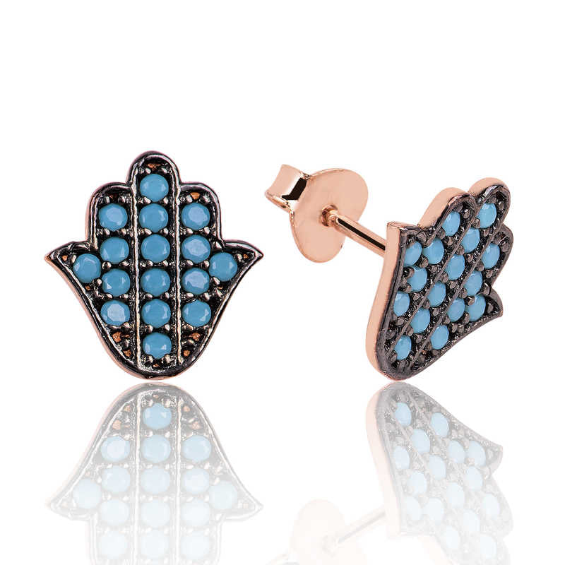 925 Sterling Silver Rose Gold Hamsa Hand Earrings, Turquoise Fatima Earrings