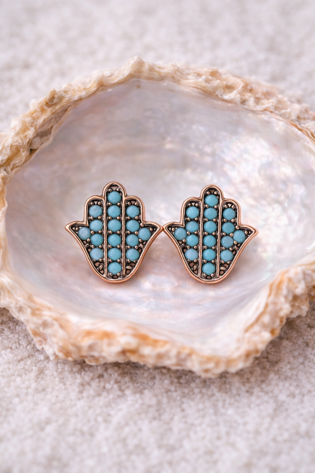 925 Sterling Silver Rose Gold Hamsa Hand Earrings, Turquoise Fatima Earrings