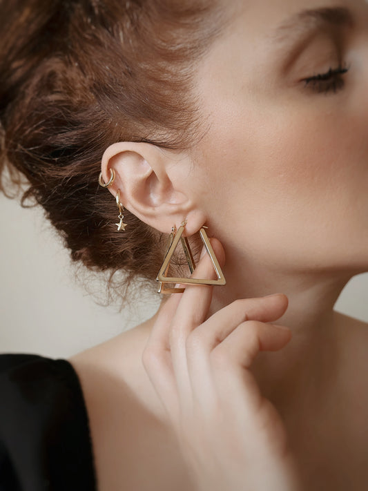 14K Solid Gold Triangle Tube Hoop Earrings