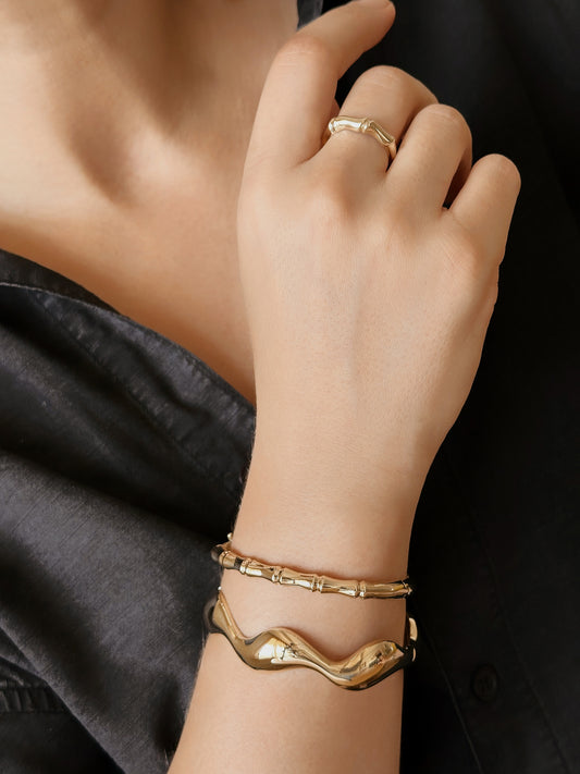 14K Solid Gold Wavy Cuff Bracelet