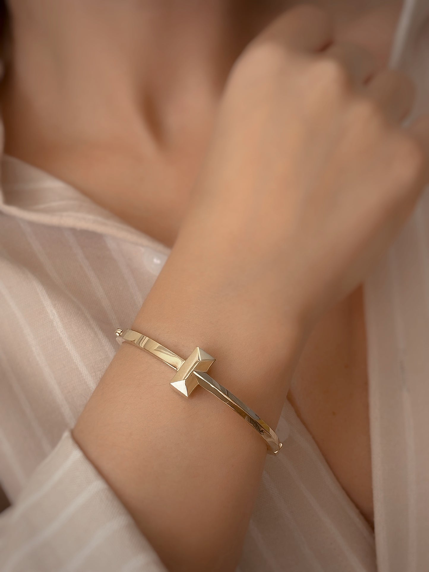 14K Solid Gold T Stacking Bracelet