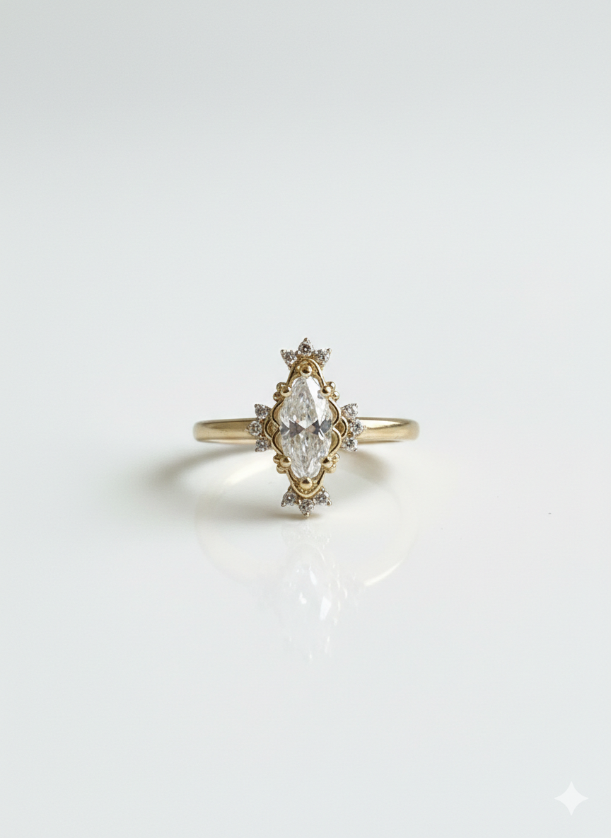 14K Solid Gold Marquise Moissanite  Engagement Ring