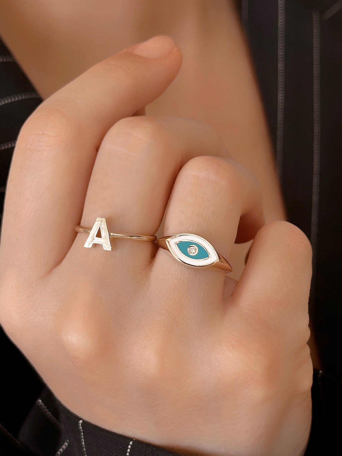 14k Solid Gold Letter Ring Or Lucky Eye Ring