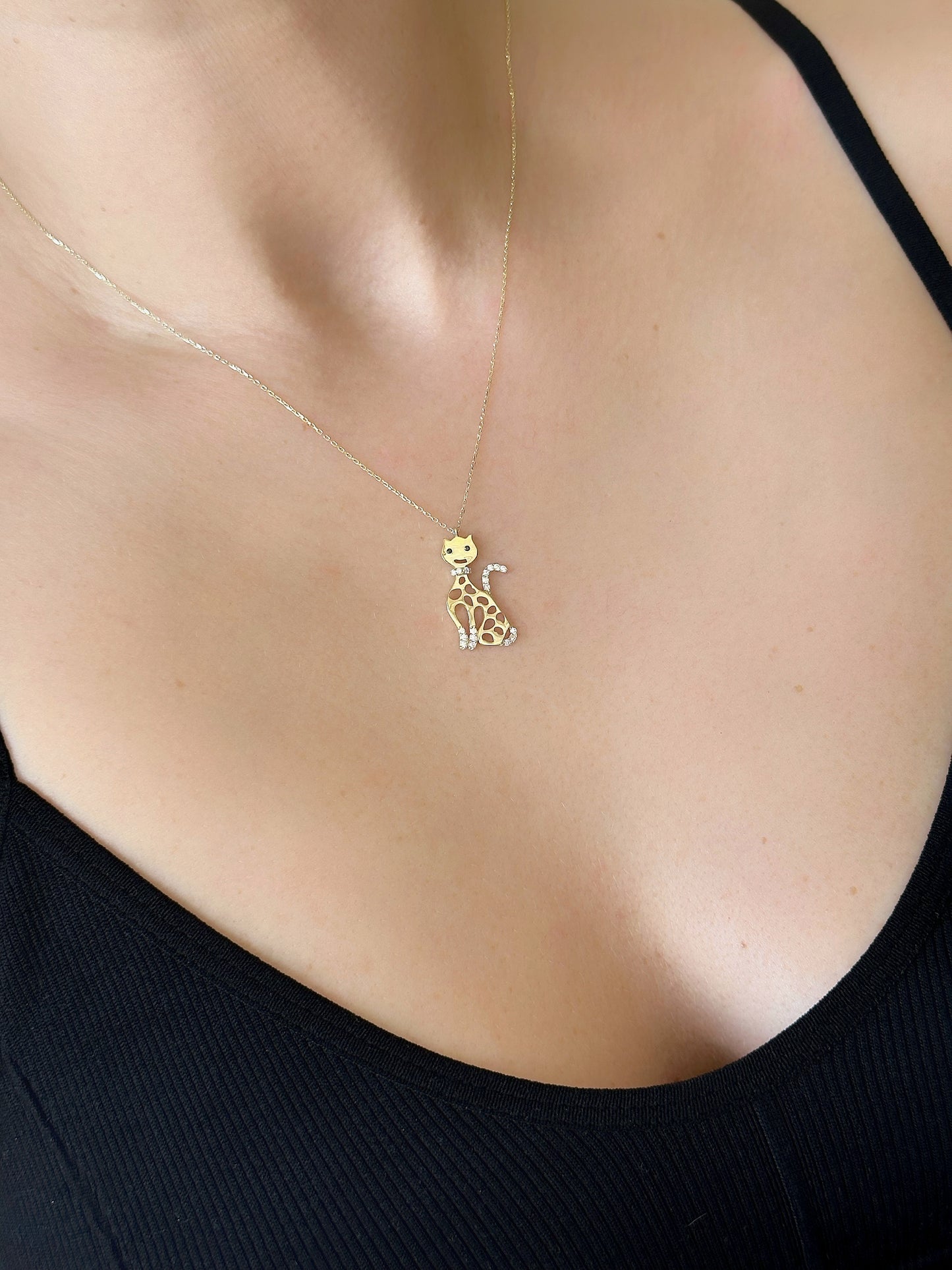 Cat Necklace, 14K Solid Gold Cat Pendant