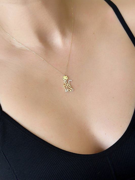 Cat Necklace, 14K Solid Gold Cat Pendant